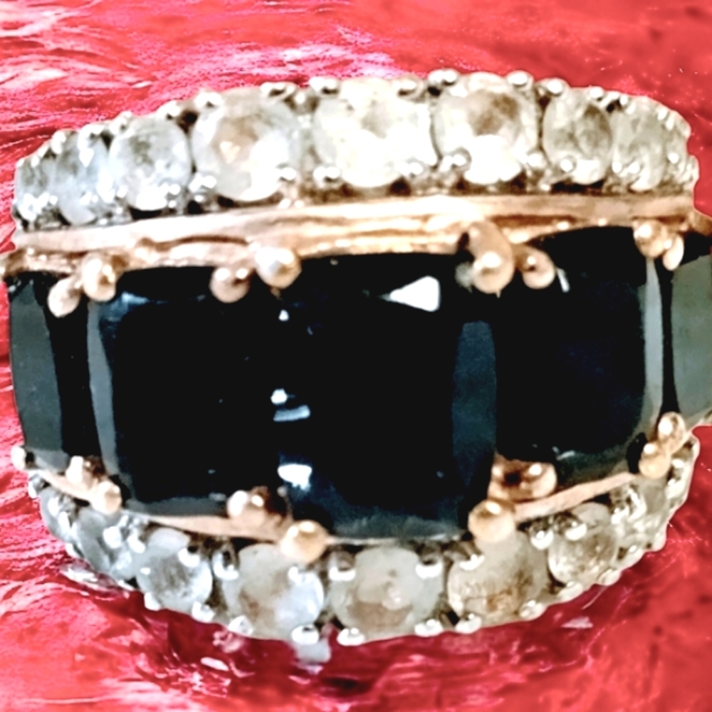 BLACK SPINEL, WHITE ZIRCON STERLING SILVER W/18K ROSE GOLD 925  7